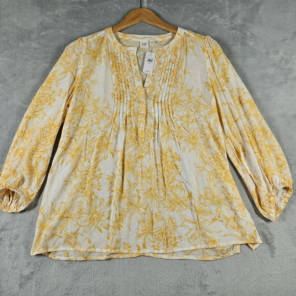 Gap Pintuck Top Blouse Womens Small Long Sleeve Floral Yellow Feminine Career - Picture 1 of 12